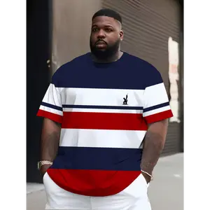 [Plus Size 3D Tee] Navy Blue/White/Red Striped Plus Size Men's 3D Graphic Tee | Casual & Sporty, Round Neck, Short Sleeve, Polyester Blend, Machine Washable