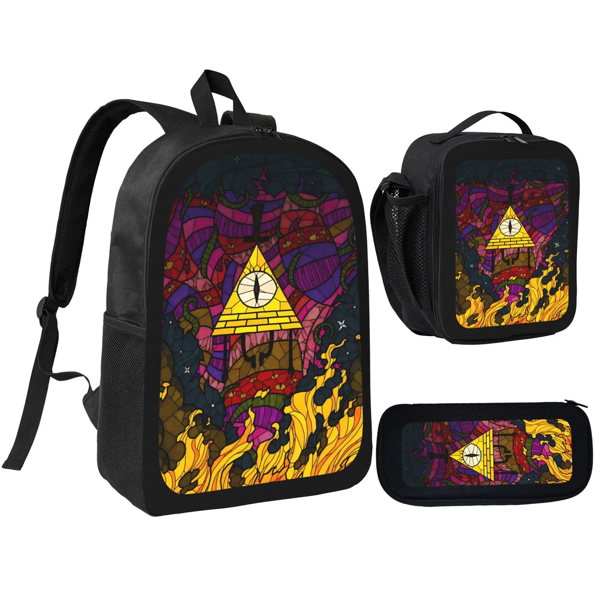 Backpack Set for Kids, Gravity Falls Bill Cipher 3-Piece 600D Oxford School Bag with Insulated Lunch Bag and Pencil Case, Adjustable Backpack, Road Trips, 3-Pcs, Heat/Cold Retention