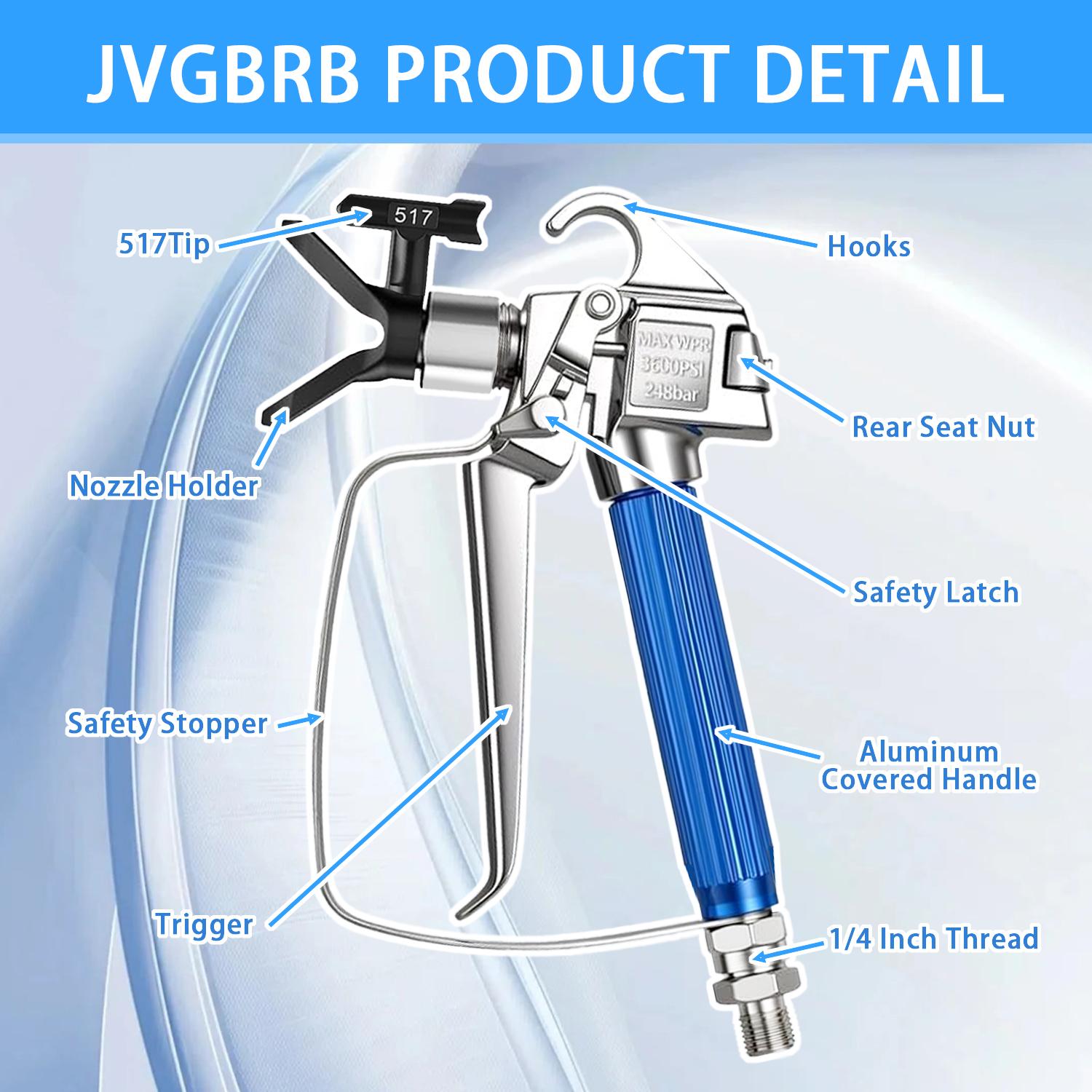 JVGBRB 17Pcs Metal Airless Paint Sprayer Gun Full Kit for DIY Hardware Accessories - 3600PSI Airless Gun, 32Ft High Pressure Hose, 5Pcs Reversible Tips, 2Pcs Extension Rod, 5Pcs Filters, 2Pcs Nozzle Seat, 1pcs 1/4-inch Double-ended Male Thread Nipple, Alu