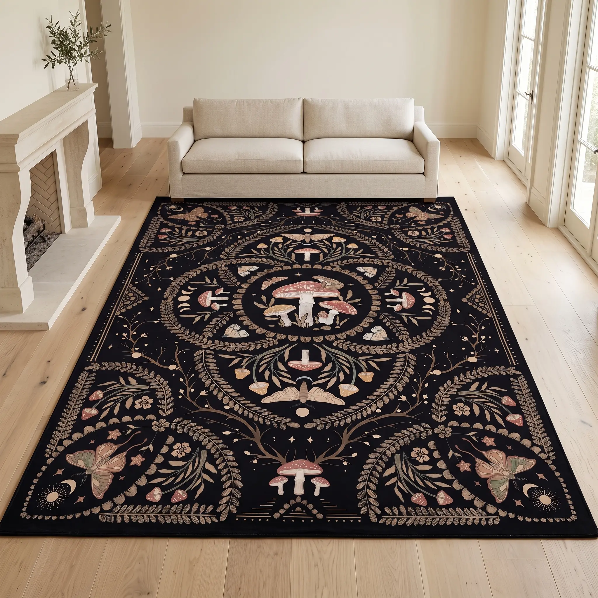 RUGIXE Machine Washable Black Cottagecore Area Rug 8x10 5x8 4x6 ft, Mushroom Butterfly Moon Phase Botanical Soft Velvet Low Pile Rug with TPR Non Slip Backing, Comfortable Durable Wear Resistant Floor Carpet for Bedroom Living Room Dorm