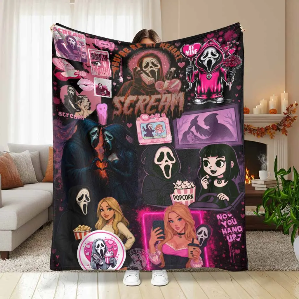 Horror Movie Ghost Face Flannel Blanket Aesthetic Pink Heart Collage Print Super Soft Lightweight Warm Throw Rug Suitable For Romantic Movie Night Couch Snuggling Bedroom Decor Sofa Bed Home Bedding Gift