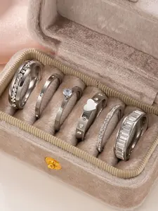 Elegant Stainless Steel Ring Set with Rhinestones, 6-Piece Stackable Rings Fashion Jewelry for Daily Wear, Perfect Gift for Ramadan