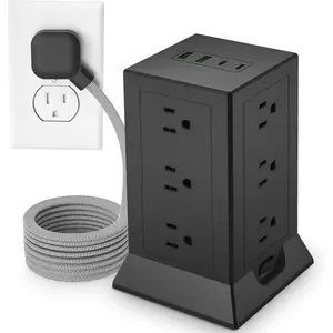 Power Strip Tower with Multiple Outlets, 6.5 Ft Extension Cord Flat Plug with 12 AC Outlets 4 USB Ports (2 USB C), Power Tower Surge Protector with Individual Switches for Home Office Dorm Room, Black