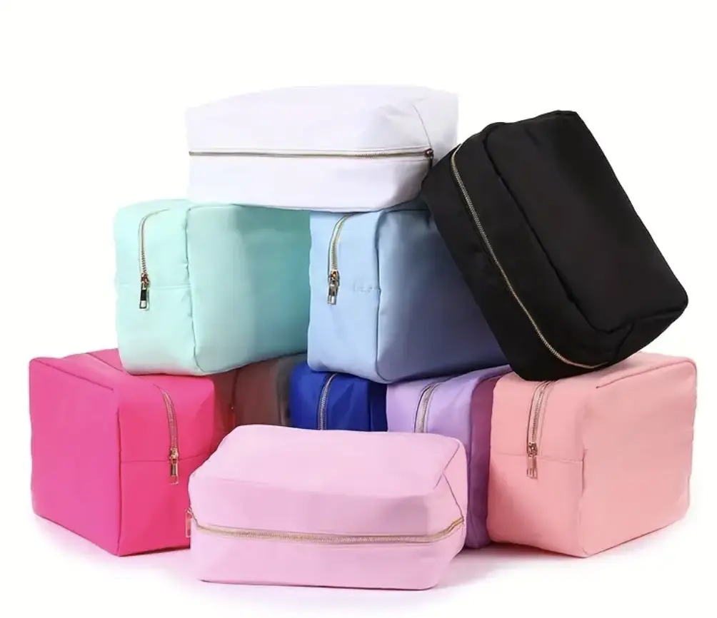 Blessed Custom Makeup Bag in Pink, XL Nylon Cosmetics Bag with Patches