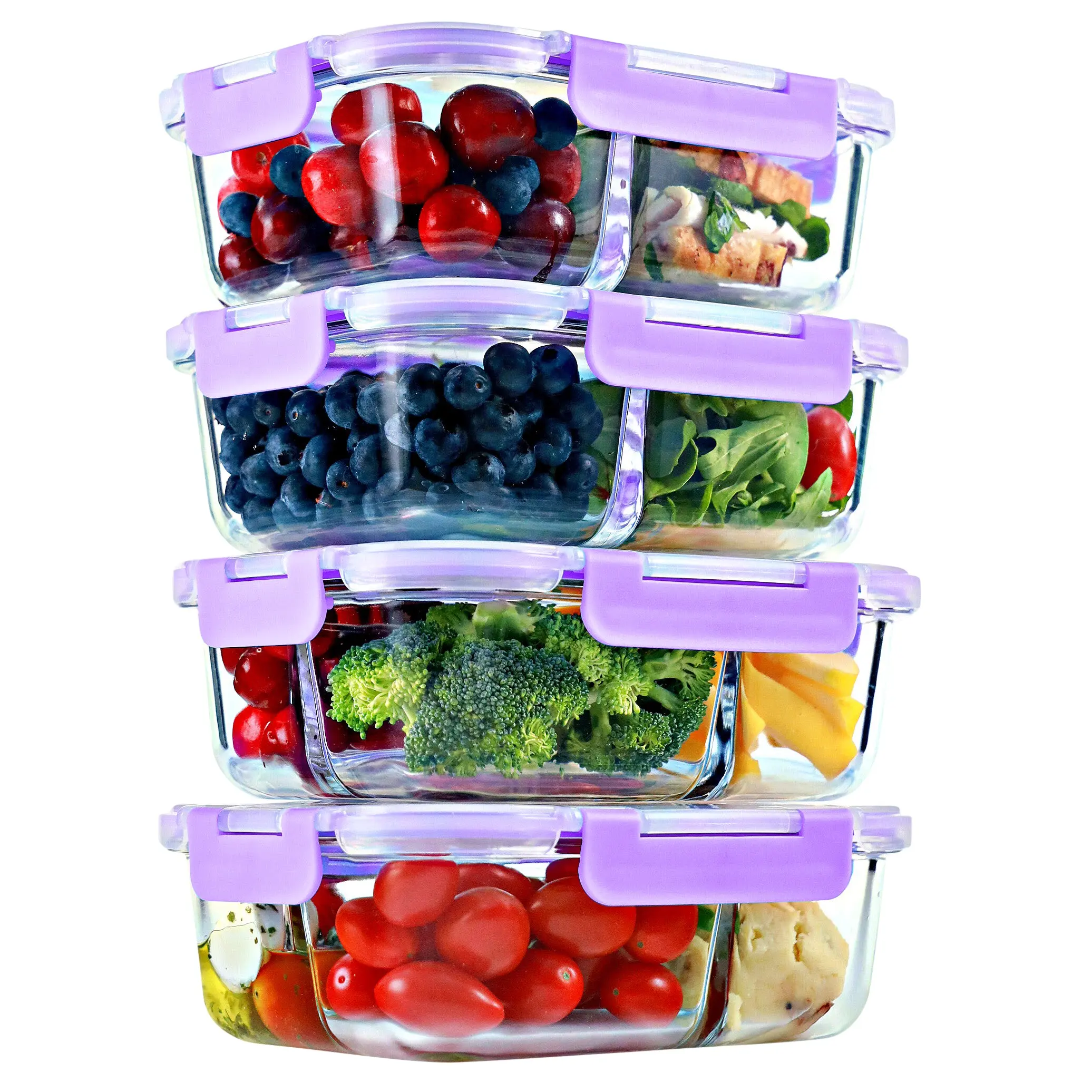 2 & 3 Compartment Glass Meal Prep Containers with LAVENDER Lids (4 Pack, 32 oz)