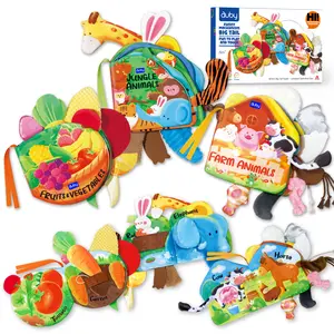 Auby Baby Cloth Books 3 Pack Soft Fabric with Crinkle Sound Tactile Tails & Montessori Toys Machine Washable for Babies 0-6 Months Easy-Grip 3D Tails Extra-large Textured Tails for Fine Motor Skills