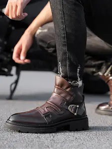 Men Fashion Ankle Boots PU Thick Bottom Fashion Retro Splicing Wrinkle Casual Men Boots Footwear Closed
