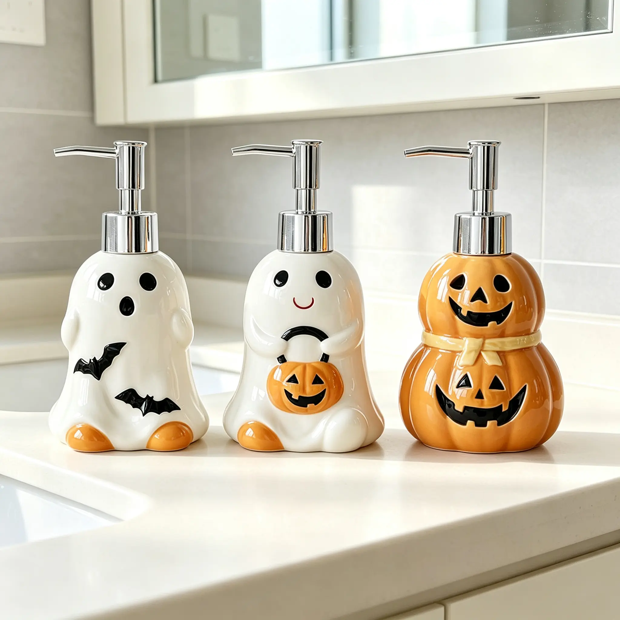 Halloween Ceramic Soap Dispenser, Ghost Pumpkin Shape Liquid Hand Soap Bottle