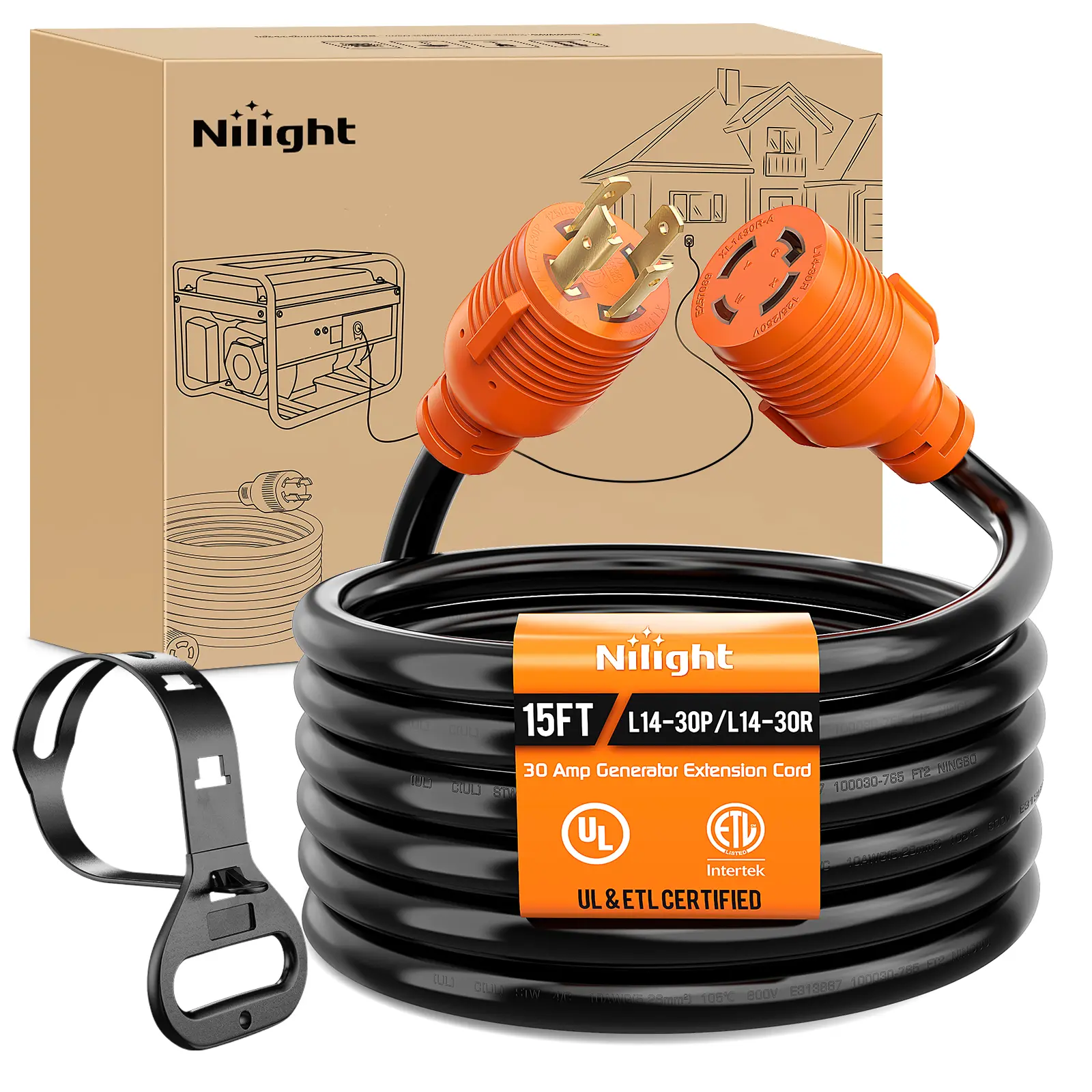 Nilight 30 Amp 15FT Generator Extension Cord 125/250V 7500 Watt Heavy Duty 10 Gauge Pure Copper STW Wire ETL Listed 4 Prong L14-30P L14-30R Cable for RV Camper Outdoor Use
