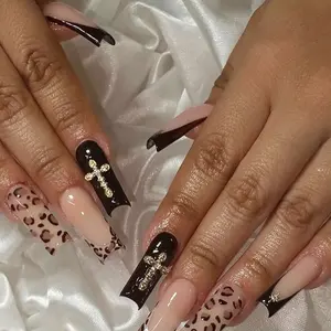 Long Tube 24-Piece French Edge Leopard Print Nude Cross Nail Tips, Punk Y2K Gothic Removable Nails, Reusable Party Nails, Nail Art Diy