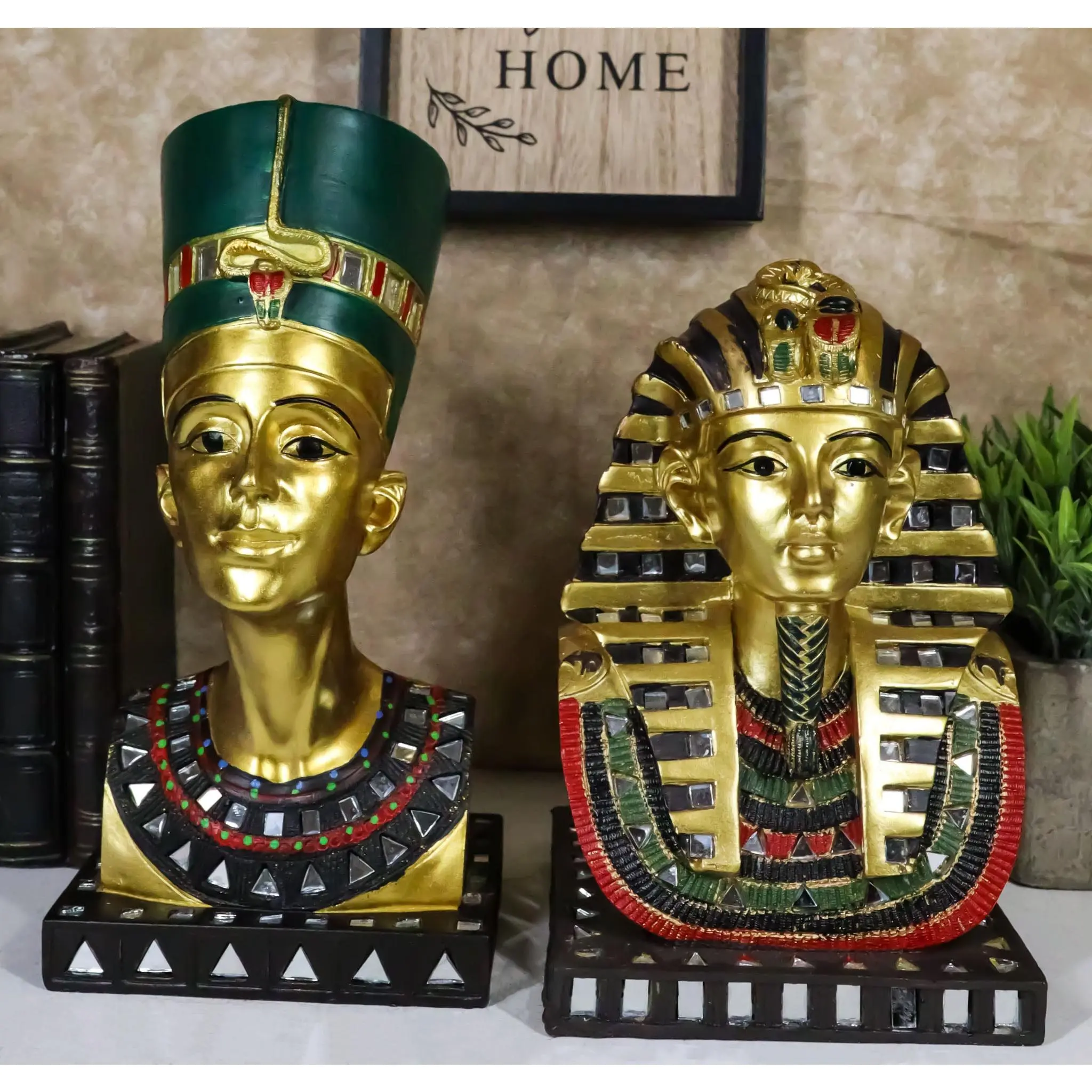 Ebros 2-Piece Golden Egyptian Pharaoh King Tut & Queen Nefertiti Mask Statue Set - Handcrafted Religious Artwork, 2 Figures, Composite Resin with Mirror Accents, Home Decor, Wife-Friendly Gift (Approximate Size Included), Two Figures