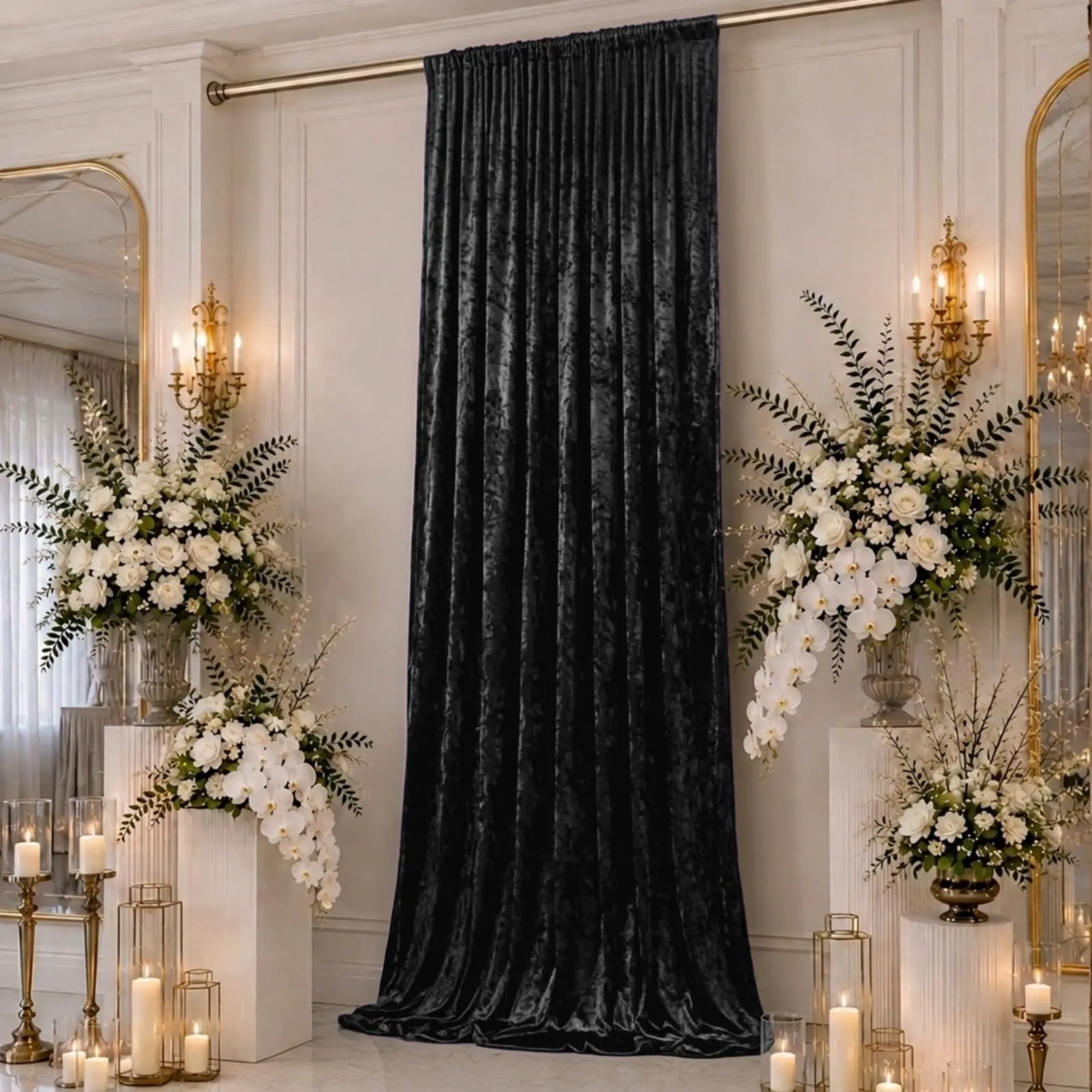 5ft x 16ft Premium Crushed Velvet Backdrop Curtain Black – Event Drape Panel & Ceiling Drapery with Rod Pocket, 70% Blackout
