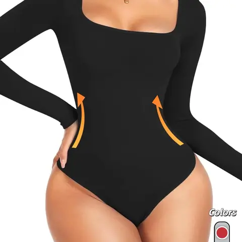 Women's Solid Color Square Neck Thong Design Shapewear Bodysuit, Basic High Stretch Tummy Control Button Closure Crotch Shaper, Ladies Shapewear for All Seasons