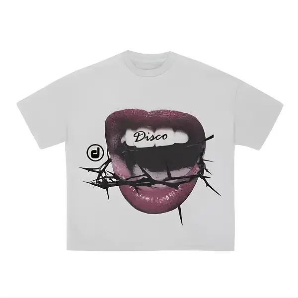 Menswear Retro Personalized Graphic Print Short-Sleeve Cotton T-Shirt, Unisex Crew Neck Fitted Tops, Grillz Lip Design Casual Streetwear, Machine Washable, All-Season, S-2XL, Ideal Gifts