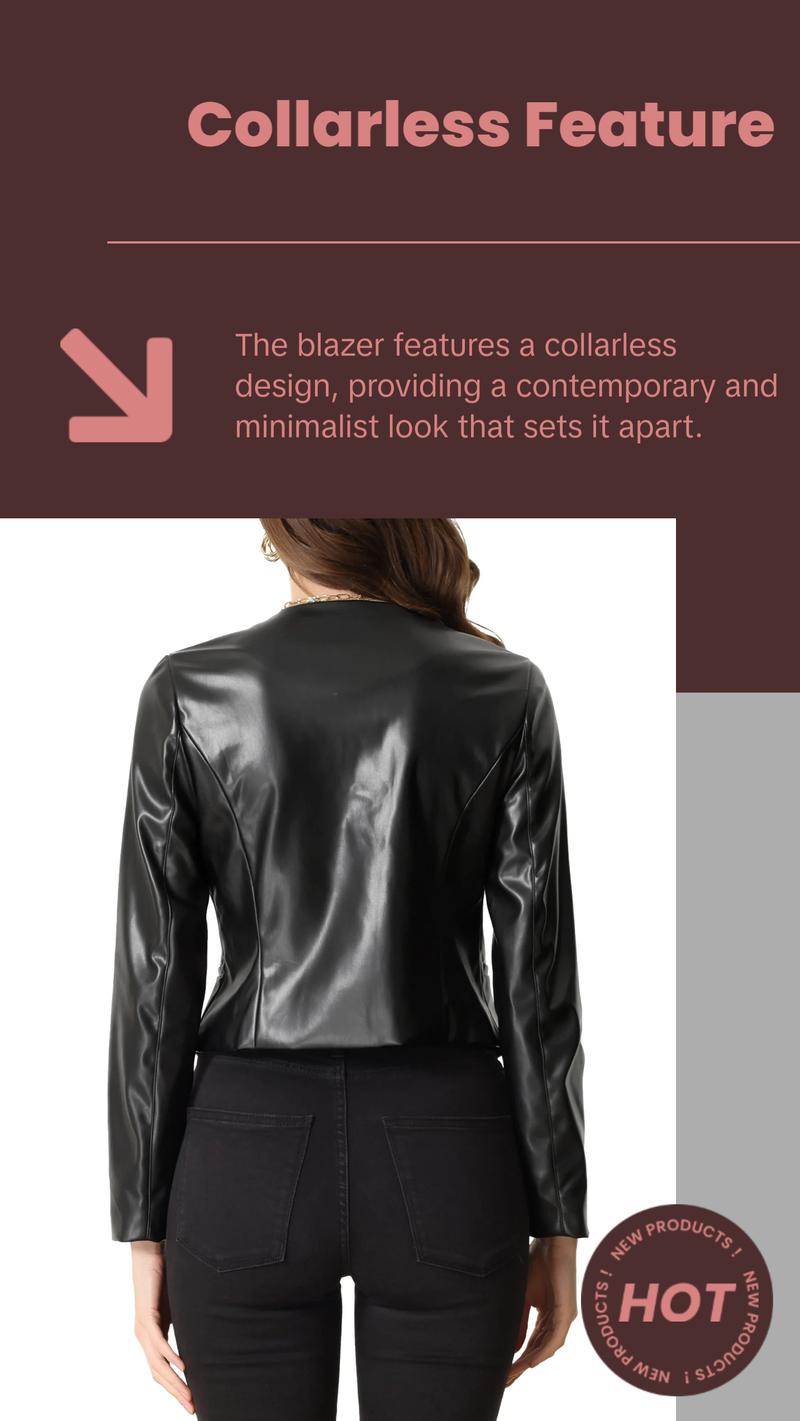 Faux Leather Crop Blazer for Women'S Collarless Open Front PU Moto Biker Jackets XL Black
