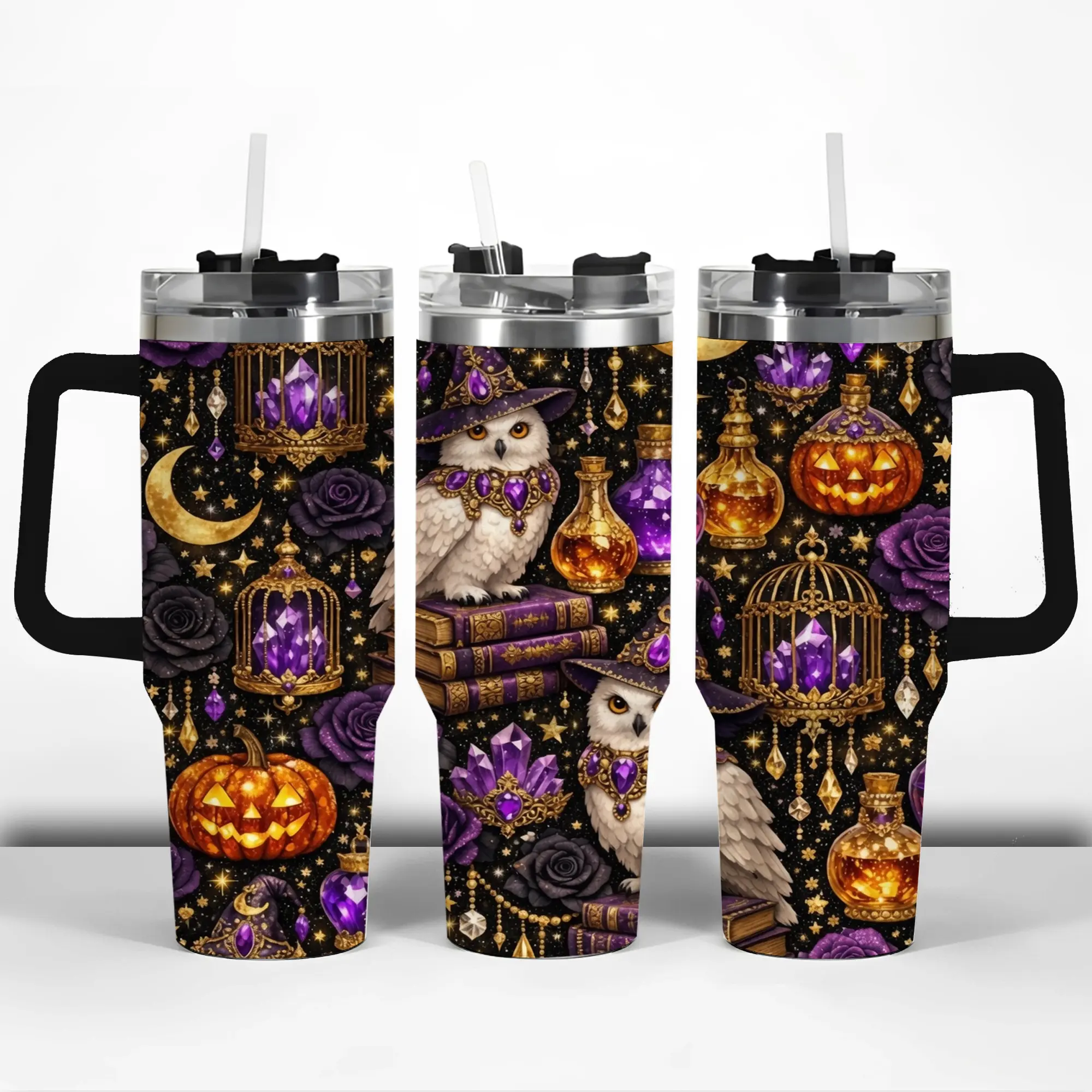 Witchy Owl Halloween 40oz Tumbler with Handle Straw, Purple Crystal Spooky Magic Insulated Cup