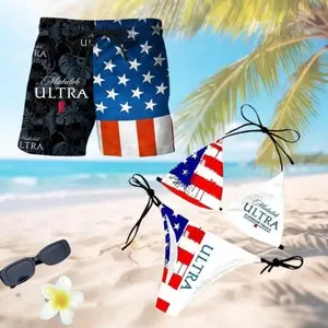 Michelob Ultra American Flag Couples Matching Swimwear Set Women Triangle Tie Bikini Men Hawaiian Board Shorts Summer Beach 4th July Patriotic Pool Party BBQ Beer Lover Gift Comfortable