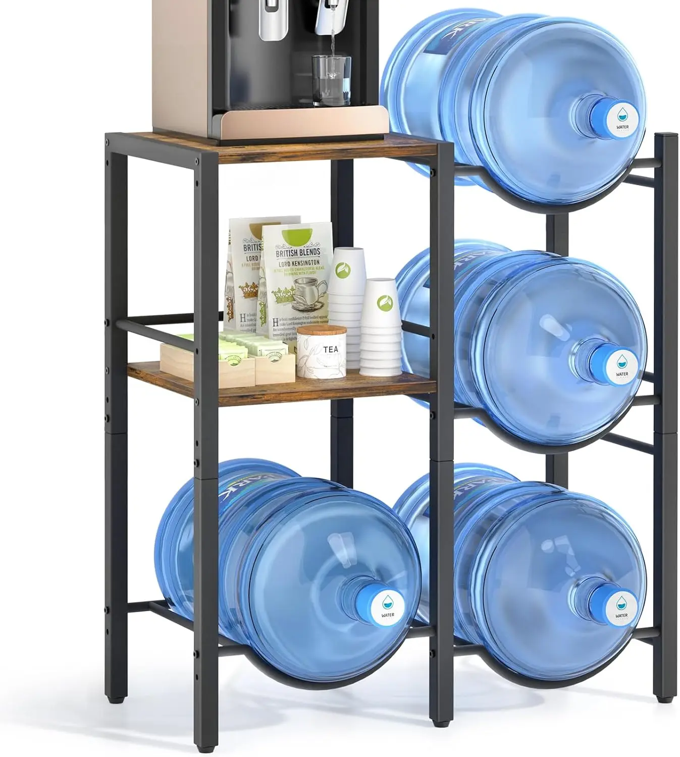 5 Gallon Water Jug Holder, Water Jug Stand with Wood Storage Shelves, 5 Gal Water Bottle Holder Storage Rack with Water Dispenser Stand for Home/Office/Garage Organizer (Rustic Brown Wood) Kitchen Utensils Steel Sturdy Wooden garage accessories