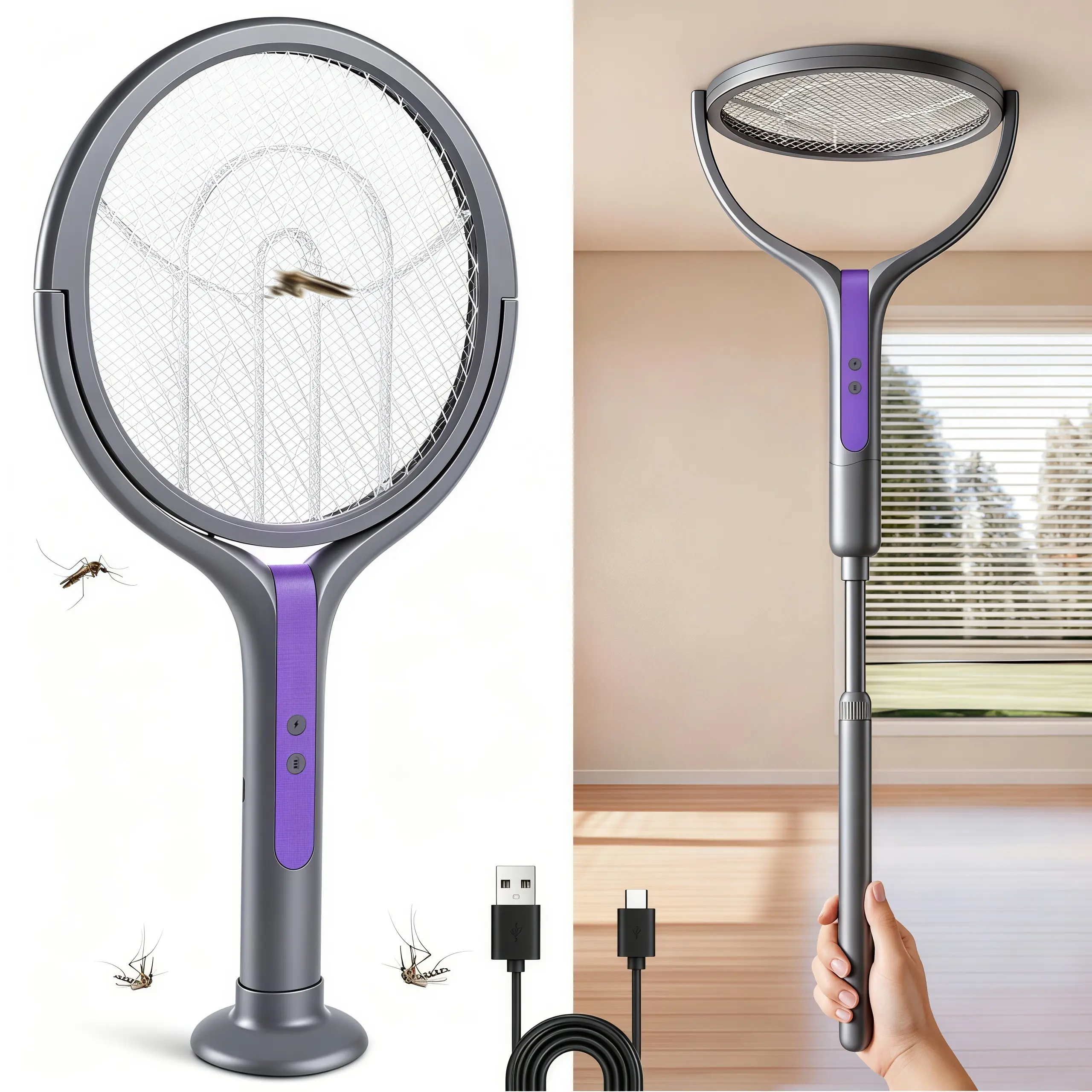 LMMAKE 1PC Rechargeable Electric Fly Swatter Electronic Mosquito Zapper - Type-C Charging, 2800V, Telescopic Handle, Rotatable Head, 3-Layer Mesh Screen, Kills Bugs, Indoor Outdoor Handheld Rechargeable Mosquito Killer Household Appliance