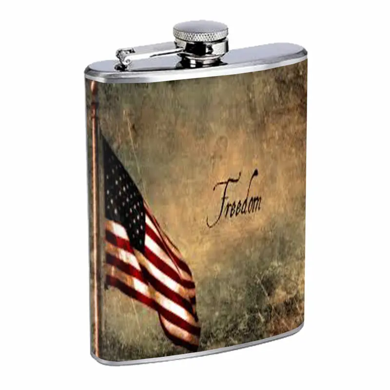 8oz Stainless Steel Hip Flask Vintage American Flag G6 Freedom Stars and Stripes Overlooks Design, Kitchenware Drinkware Accessory