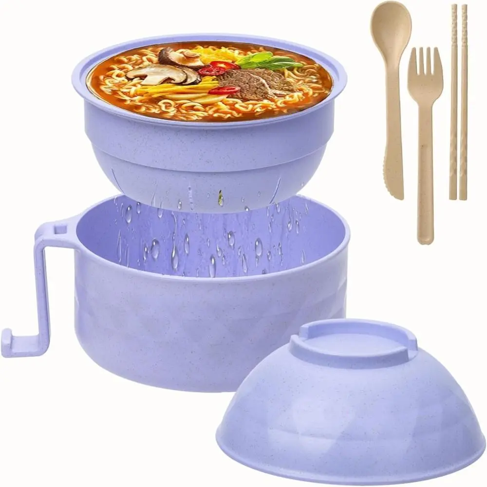 Double Handle Wheat Straw Noodle Cooker Bowl, Eco-Friendly Microwavable Tableware for Apartment Residents(Top bowl-Purple）