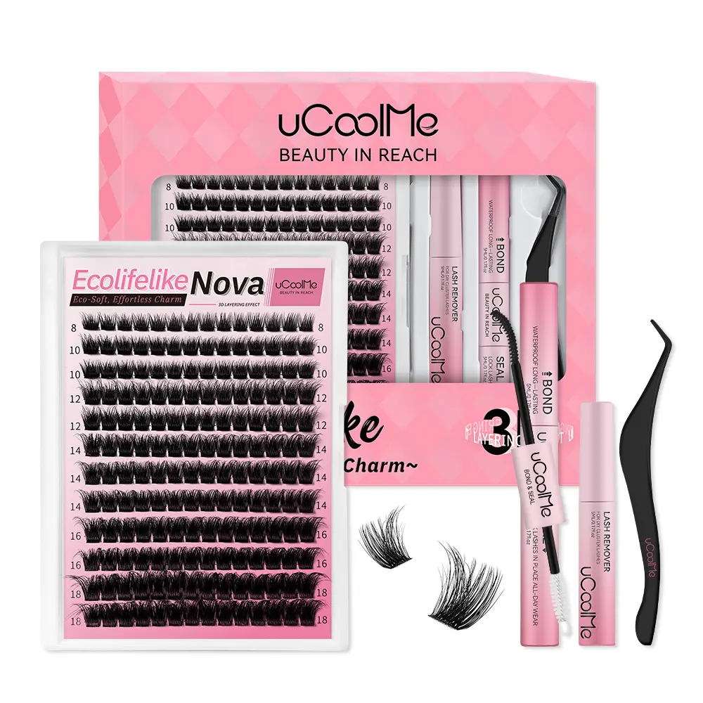 uCoolMe Flora 3D Lash Clusters Kit, Wispy Volume Individual Eyelash Extensions, Thin Band & Super Soft Lashes, Long-Lasting DIY Lash Kit for Beginners with Bond & Seal, Remover & Applicator, Waterproof Makeup, Beauty Gift Set for Her
