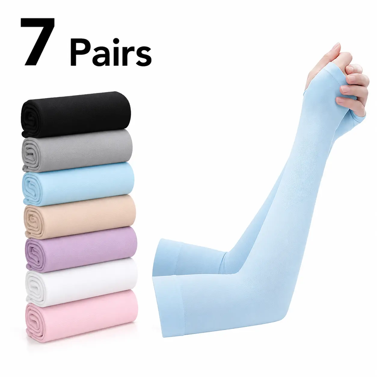7-Pair Ice Silk Cooling Arm Sleeves Cover with Thumb Holes, UV Arm Sleeves for Driving, Cycling