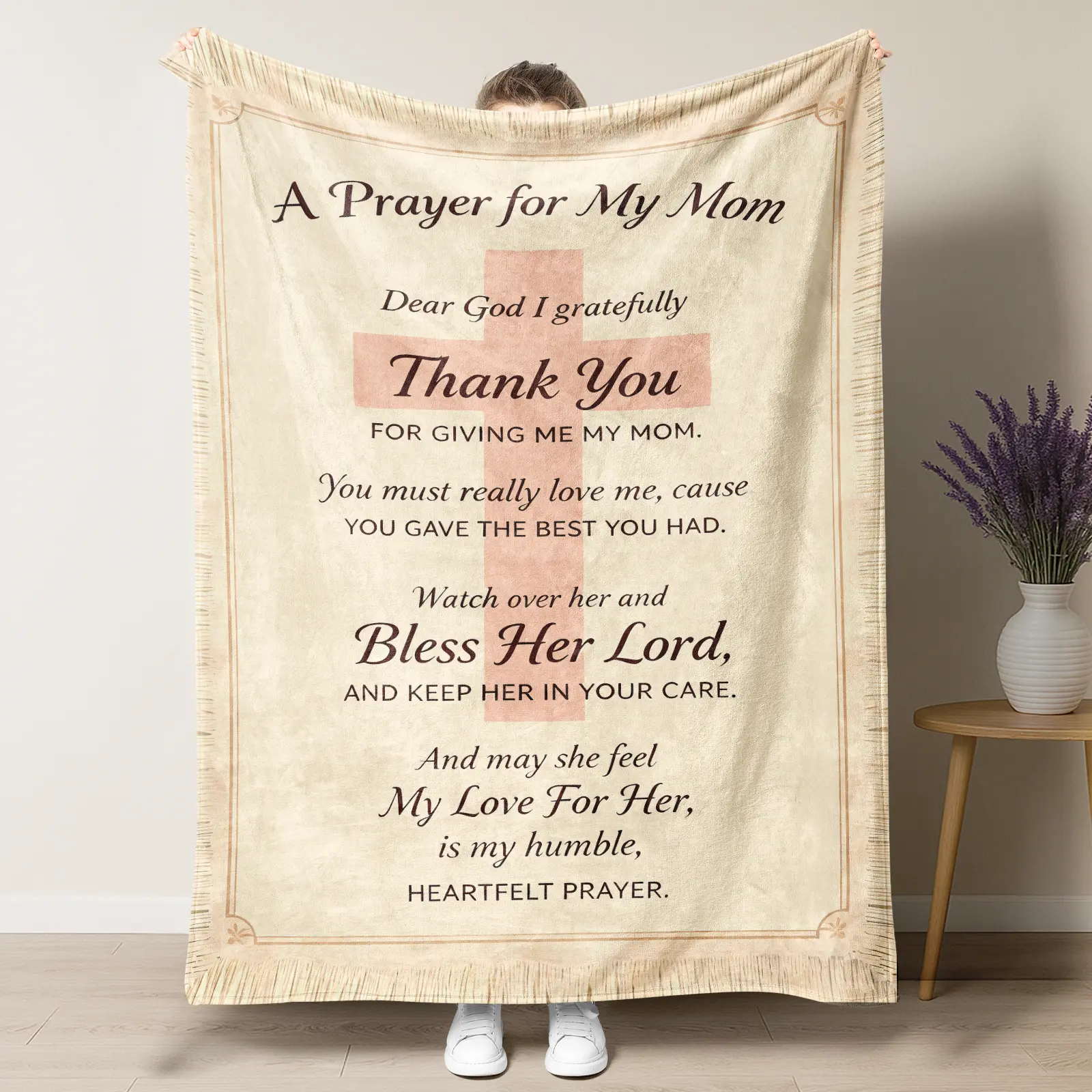 Christian Mom 'Bless Her Lord' Slogan Print Flannel Throw - Cozy Warm Mothers Blanket, Religious Cross Appreciation Item for Mother's Day Blanket Gifts