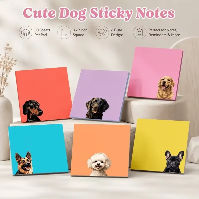 6-Pack Cute Dog Sticky Notes Set, Self-Adhesive Memo Pads, 7.62cm X 7.62cm Square Stickers, Office Desk, Study Supplies, Decor, Diary, Planner