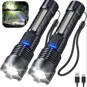 USB Rechargeable Strong Light Flashlight, 2 Counts Waterproof Design Flashlight with Emergency White Light & Red & Blue Alarm Lights, Portable Lighting for Camping, Mountaineering, Fishing, Super Bright Flashlight