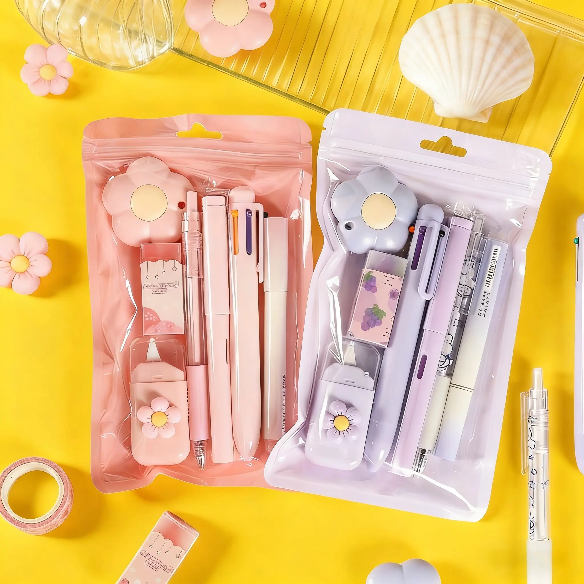 Cute Flower Stationery Set, Kawaii Gel Pen Set with Correction Tape Highlighter, Aesthetic School Supplies Kit for Girls Students