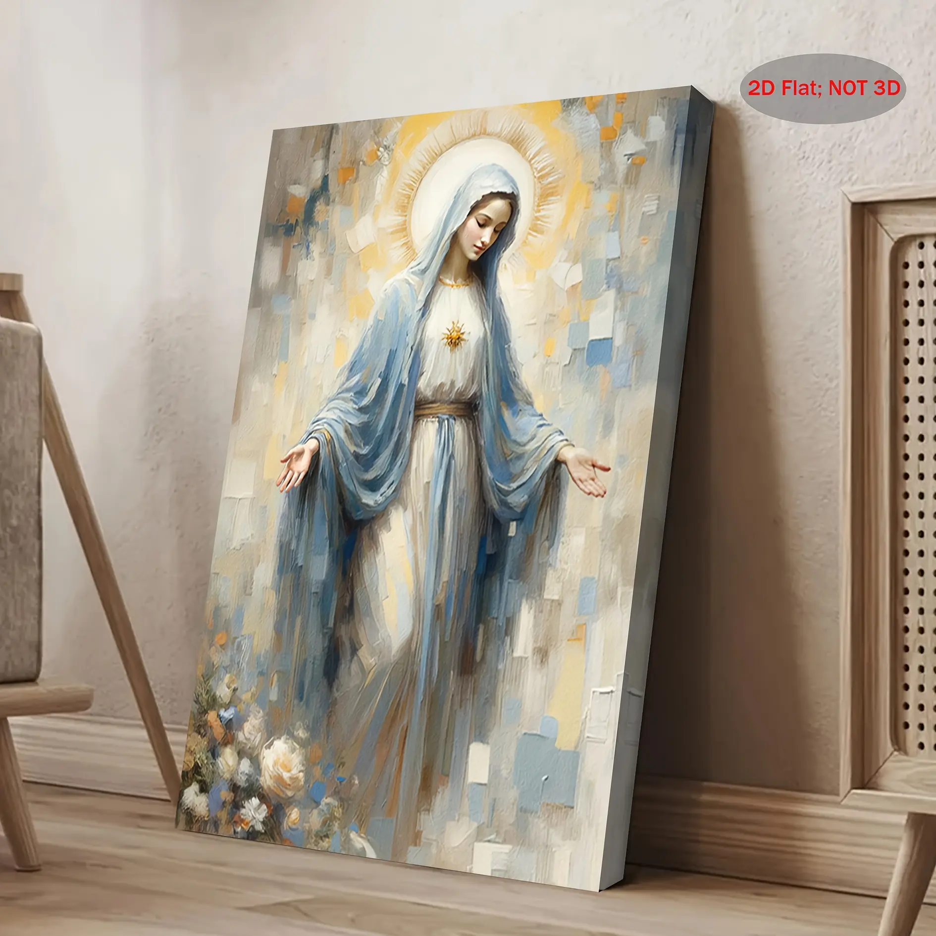Framed 2D Flat Canvas Painting - Mother of God Virgin Mary Biblical-Themed Religious Art Print, Catholic Wall Decor, 11.8x15.7in Wooden Frame, for Bedroom, Living Room Indoor Walls, Framed Prints, Biblical-Themed Prints