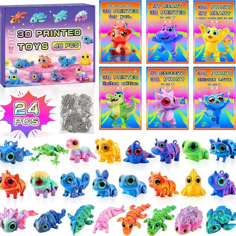 24 Pcs 3D Printed Animals Toys Cards Valentine Cards Children's Valentine's Day Toys for Classroom Exchange Party Favors Gift for Boys Girls Toddlers