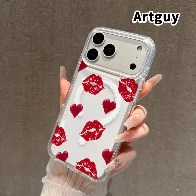 Magnetic Phone Case for iPhone 17,16 Pro Max Plus,15,14,13,12,11,Air E - Romantic Kisses Pattern, Durable Non-Yellowing, Shockproof Soft Silicone Transparent Acrylic Large Hole Cover with Protection, Wireless Charging Support, Mobile Phone Accessories