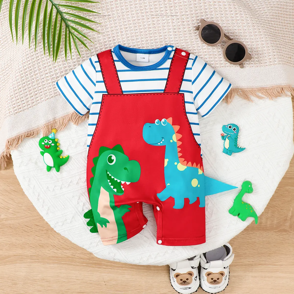 Ready Stock Baby Boys Cute Romper Short Sleeve Stripes Dinosaur Onesies Clothes Newborn to Infant Size 1/3-18M 42411003