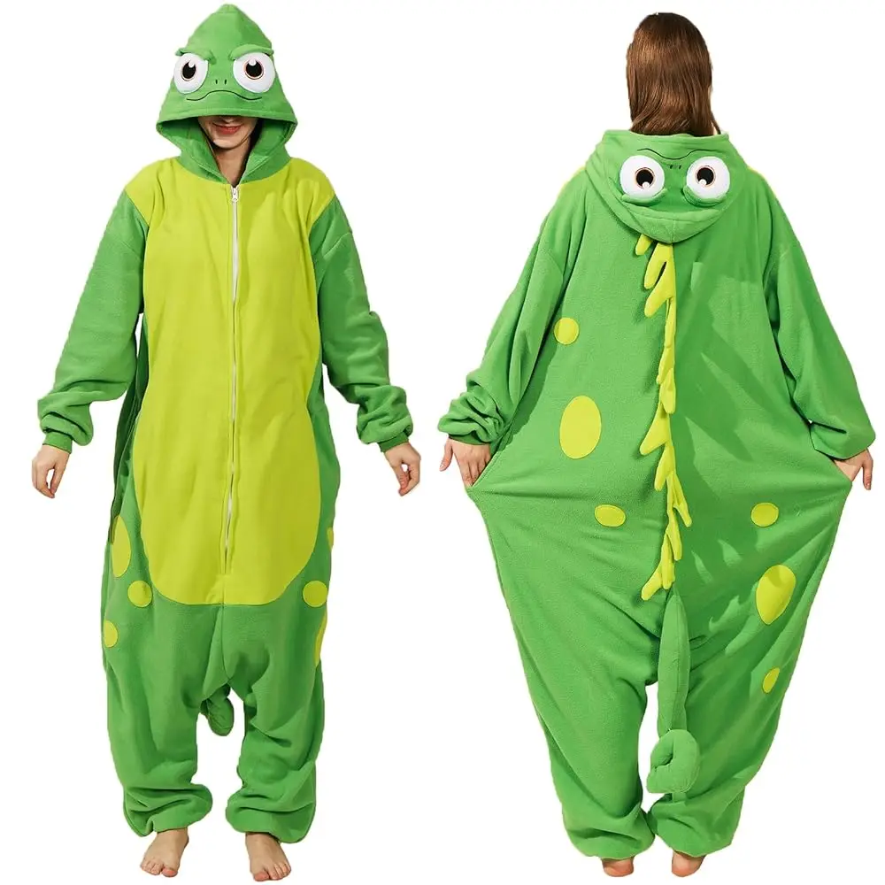Women's Fleece Iguana Costume Hooded Jumpsuit - Guilty Gear Strive Themed, with Cape, Tail Accessory Kit, for Adult Halloween Party Cosplay, Trick Or Treat, M