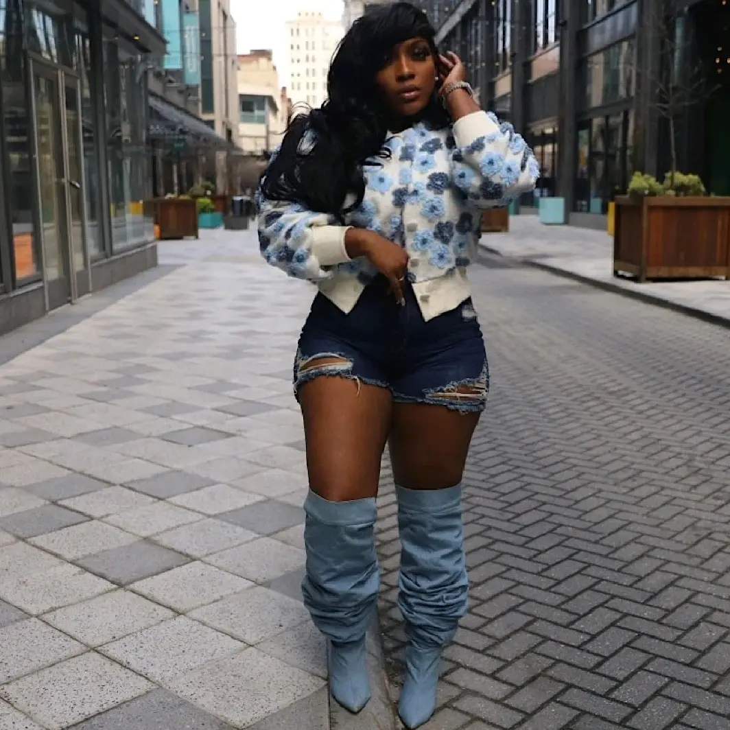 Women Blue Floral Long Sleeve Jacket
