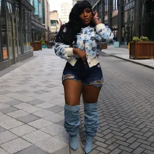 Women Blue Floral Long Sleeve Jacket