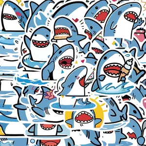 Cartoon Shark Pattern Sticker, 50pcs/set Waterproof Self Adhesive Decals, Decor Sticker for Gift Greeting Card Water Bottle Laptop Phone