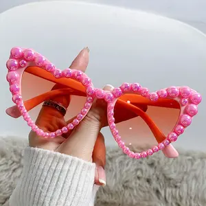 2026 Heart-Shaped Frameless Pearl-Studded Fashion Glasses Party Gathering Personality Quirky High-End Candy Color