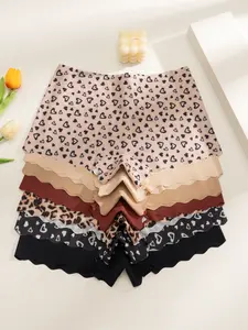 Women's Ice Silk Mid-Waist Underwear Set, Fashion Heart Print Slim Fit Yoga Shorts, Elastic Comfortable All-Season Ladies Briefs