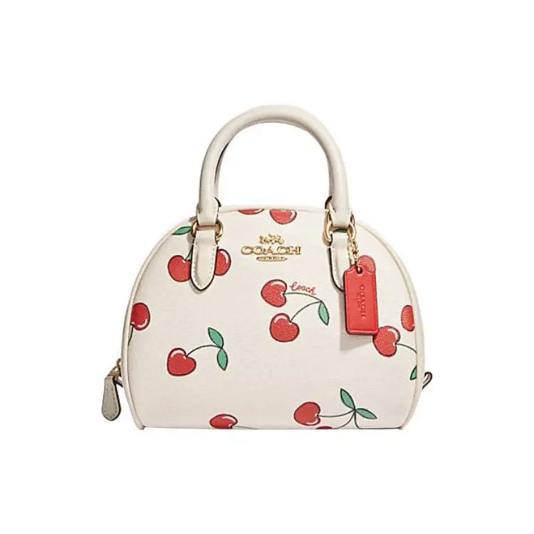 COACH Sydney 21 Zip-Top Cherry Print Coated Canvas and Leather Crossbody Bag for Women, Small Size, White