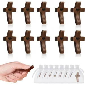 Handmade 10Pcs Wooden Cross Fidget Bulk with Organza Bags - Stress Relief Pocket Cross My Heart for Christian, Pocket Prayer Cross, Religious Easter Day Gifts