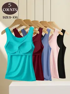 Women's Built in BraTank Top For Women, Basic Vest in Slim Shape,High Elastic Soft Undershirt,Wide Straps&Round neck,Women Bottoms for Daily wear,All Seasons