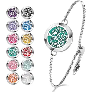 Essential Oil Diffuser Bracelet Stainless Steel Aromatherapy Locket Adjustable Diffuser Bracelet with 24pcs Refill Pads in 12 Assorted Colors Gift Set for Women(Tree of Hope)