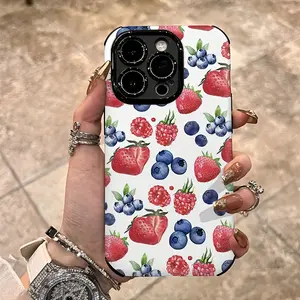 Red berry blue fruit painting pattern, durable, shock-absorbing and glossy 2-in-1 phone case, suitable for iPhone 17, 16, 15, 14, 13, 12, 11 X, Samsung and other series models, can be given as a holiday gift to friends or home
