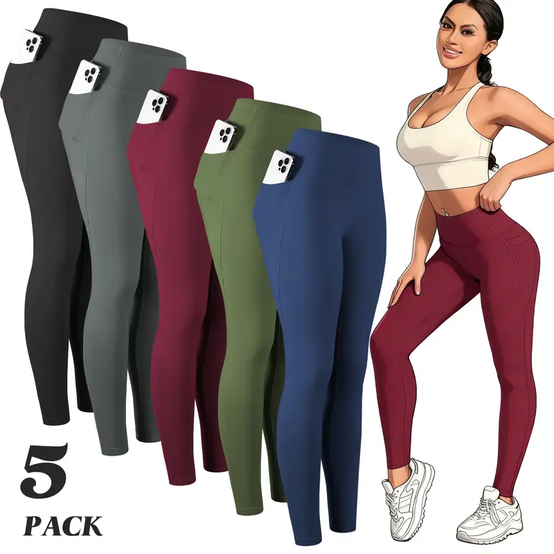 Women's High-Waisted Knit Fitted Yoga Leggings with Pockets - 5/6 Packs, Soft, Basic Minimalist Athleisure Bottoms for Yoga, Gym Workouts