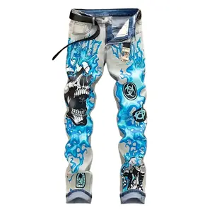 Men's Lightning Graphic Print Ripped Denim Trousers With Pockets, Causal Cotton Men Jeans Para Hombre