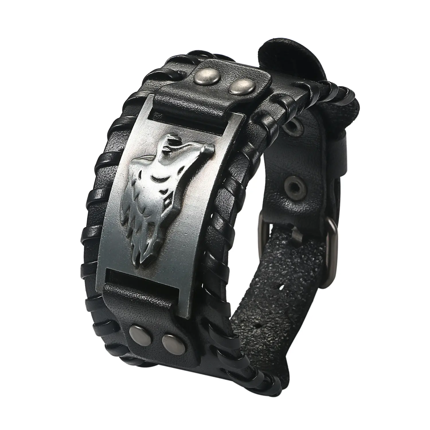 OIDEA Men's Gothic Cuff Bracelet, Dark Fantasy Wide Leather Band with Bold Wolf Head Relief, Adjustable Biker Wrist Armor with Snap Closure, One-Piece