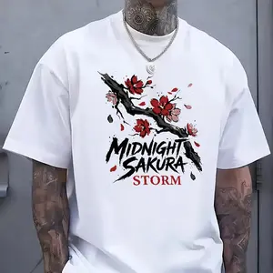 Midnight Sakura Storm' Ink Wash Sakura Print T-shirt Japanese Ink Style Casual Top